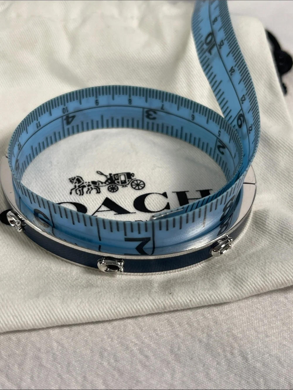 Coach Blue Enamel Signature C Silver Tone Hinged Bangle Bracelet